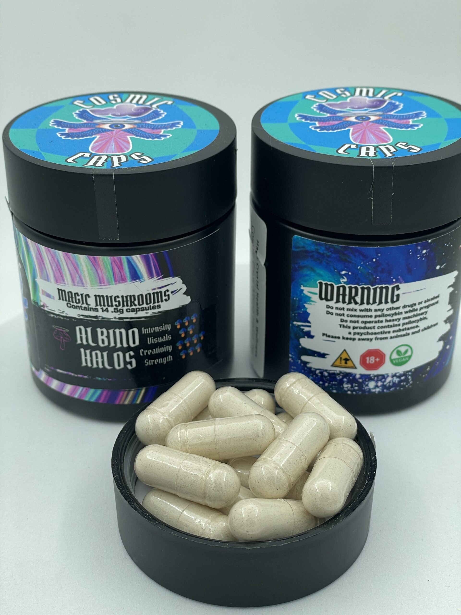 An image of Cosmic Caps Shroom Capsules – Albino Golden Halo
